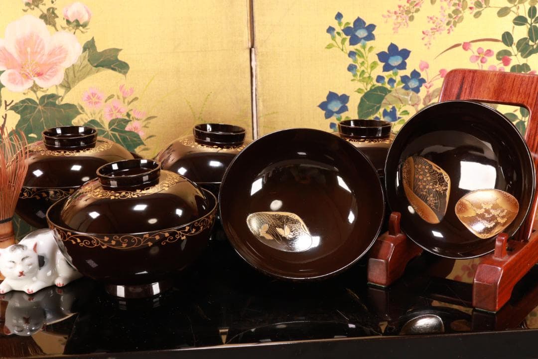 BK425 時代輪島塗 図替り 貝尽くし図金蒔絵 吸物椀 五客 木製 懐石