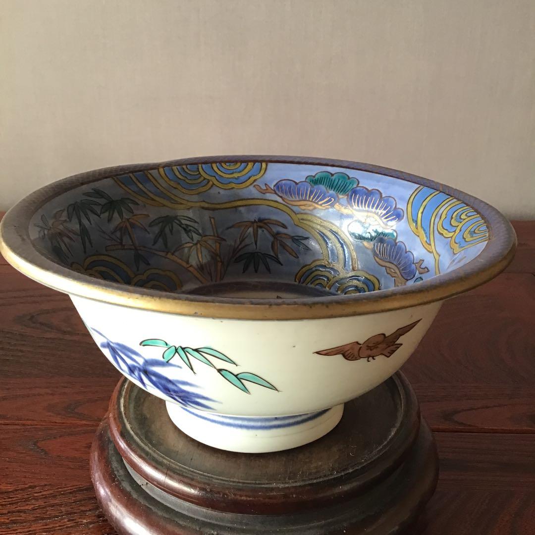 古伊万里 瑠璃秞松竹梅 遊亀竹雀 喜翔図 鉢 江戸期