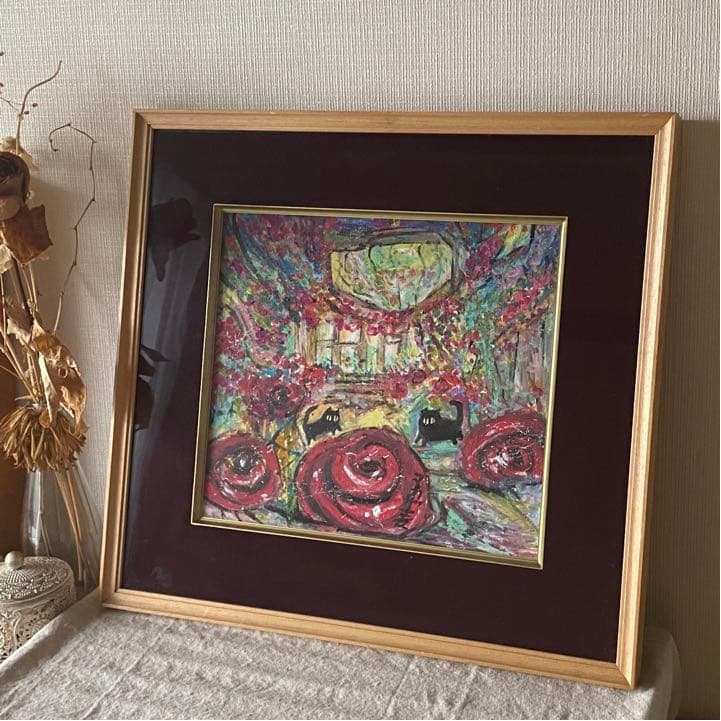 原画【夜はバラの花でロマンチックで宮殿でデートする黒猫2匹】