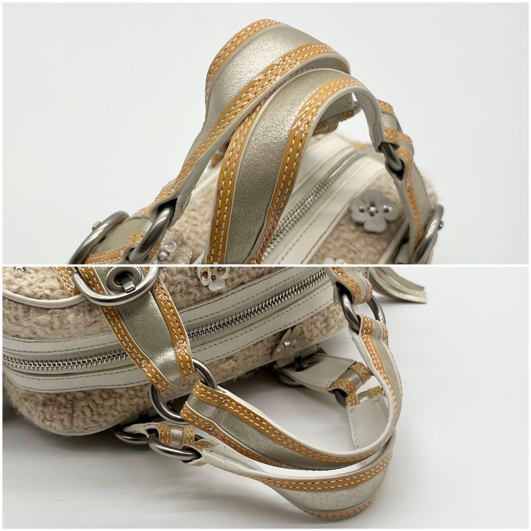 希少 COACH ツイード ハンドバッグ ミニ ボストン 花モチーフ フリンジ