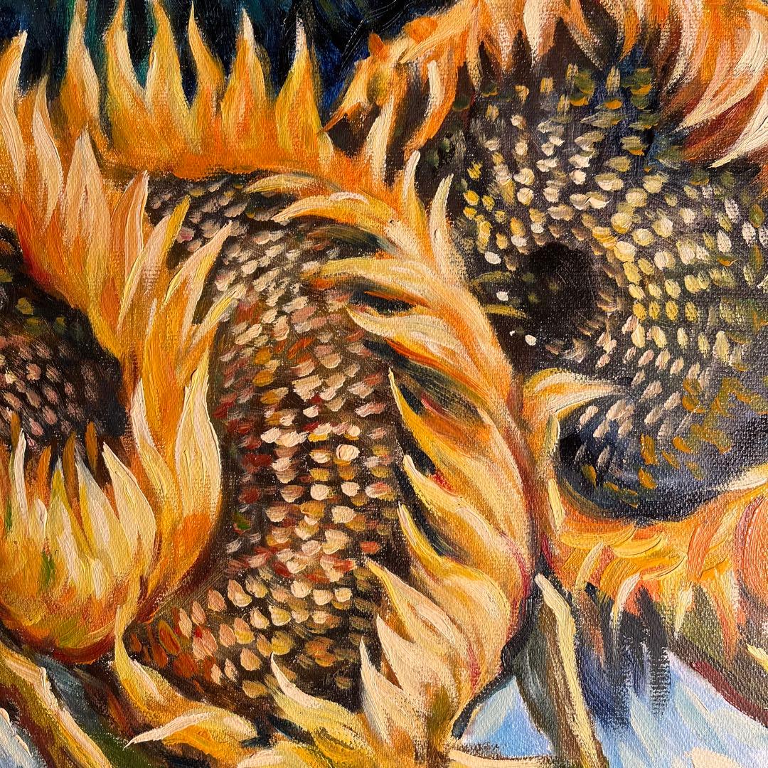 ☆秀作☆ （大）手書き油絵 ゴッホ 4本の切ったひまわり 肉筆絵画 額付