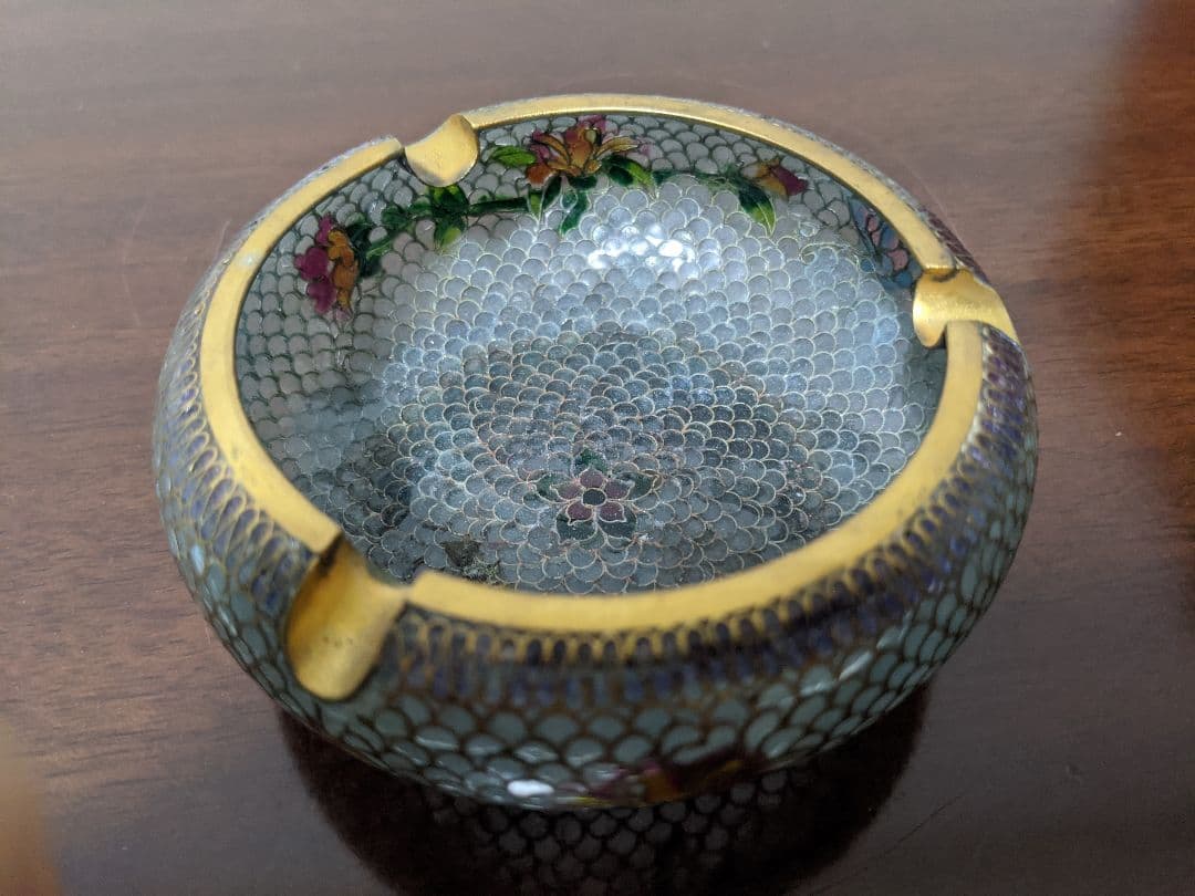 ♢中国美術工芸 薄胎磁 七宝焼 花木図 灰皿 アンティーク 骨董品