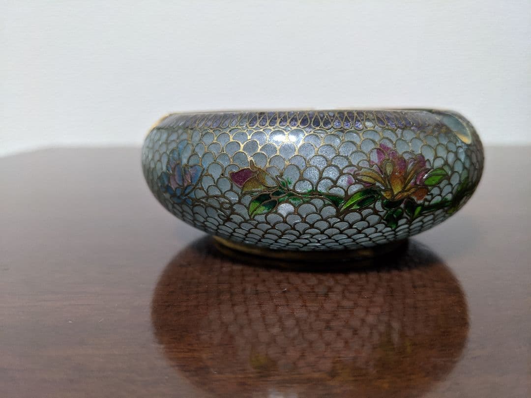 ♢中国美術工芸 薄胎磁 七宝焼 花木図 灰皿 アンティーク 骨董品