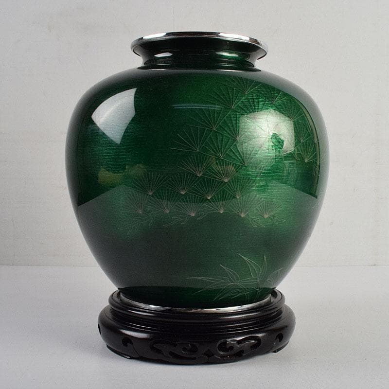 七宝焼 相互七宝謹製 緑透釉 松文 花瓶 唐木台付 共箱 M R9393H