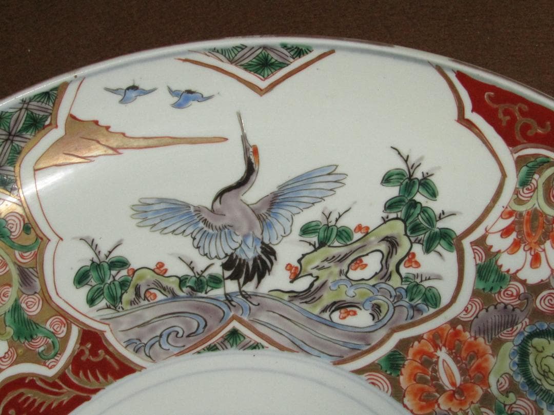【色絵　唐獅子牡丹・鶴図　一尺三寸皿　径４０ｃｍ】古伊万里