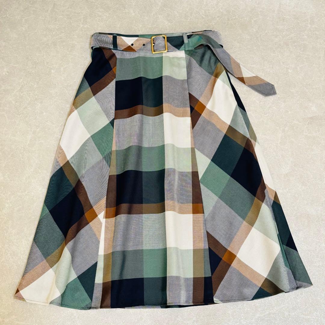 ブルーレーベル｜緑チェック フレア ベルト Aライン ミモレ 秋冬 大人可愛い
