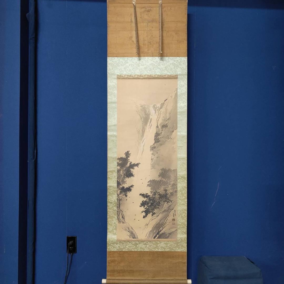 不詳/作者不詳/瀧図/滝図/山水小禽図/布袋屋掛軸A-393