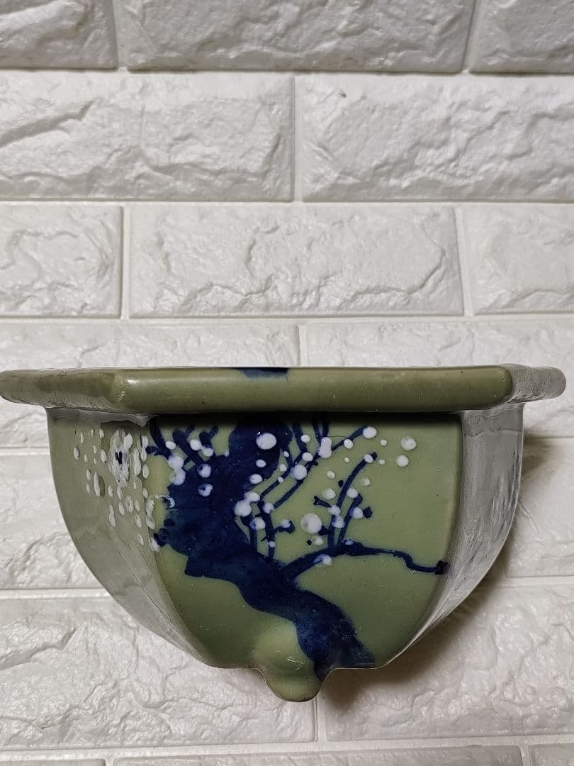 盆栽鉢 梅文 青磁染付 植木鉢 六角 　三本足