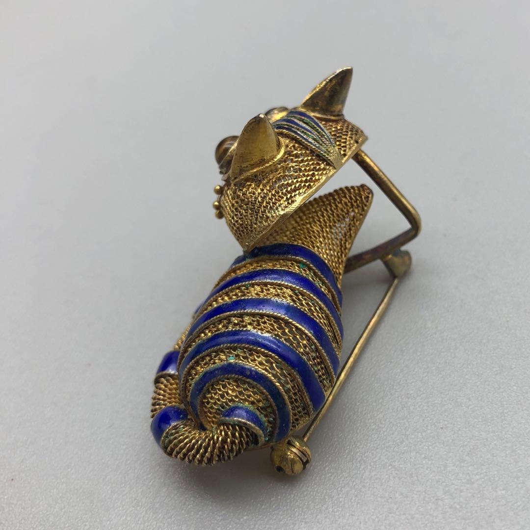 中国骨董品ゴールドメッキブルーエナメルメッシュタイガーアイキャット