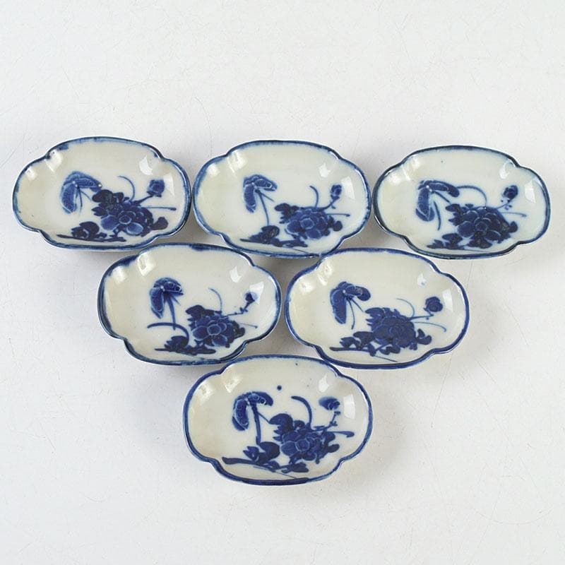 和食器 茶懐石 染付 花蝶文 手塩皿 六客 在銘 時代箱