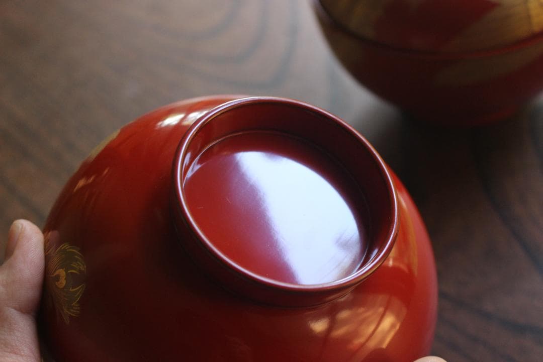 時代逸品！上質朱漆に極上鳳凰沈金蒔絵の映える大椀2点（検輪島塗雑煮椀煮物椀