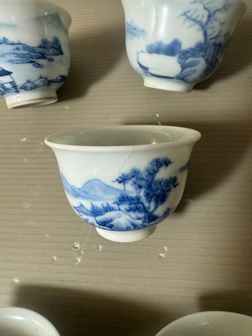 2616中国骨董大明年製銘染付山水茶器セット宝瓶1客湯冷し1客湯呑5客