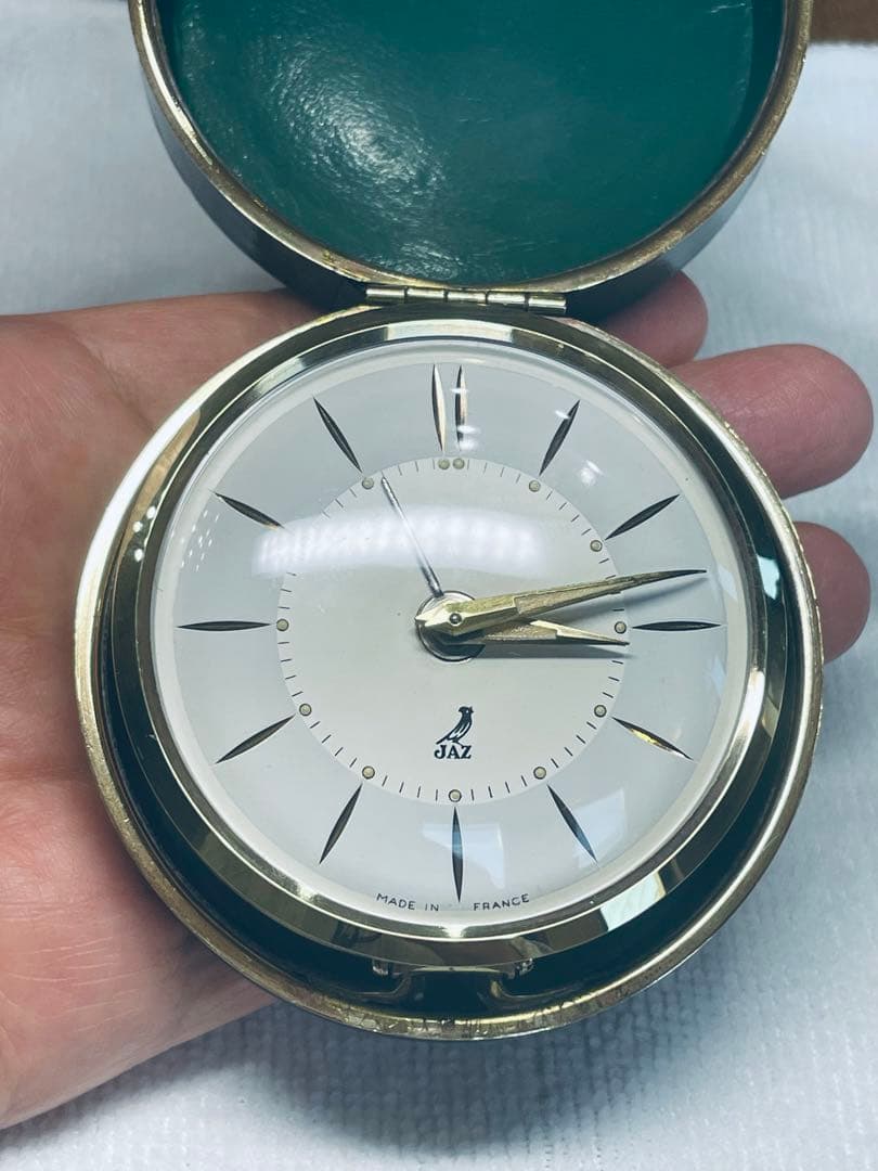 フランス'50 JAZ 本革製 真鍮 目覚時計 220gズッシリ 正確稼働整備品