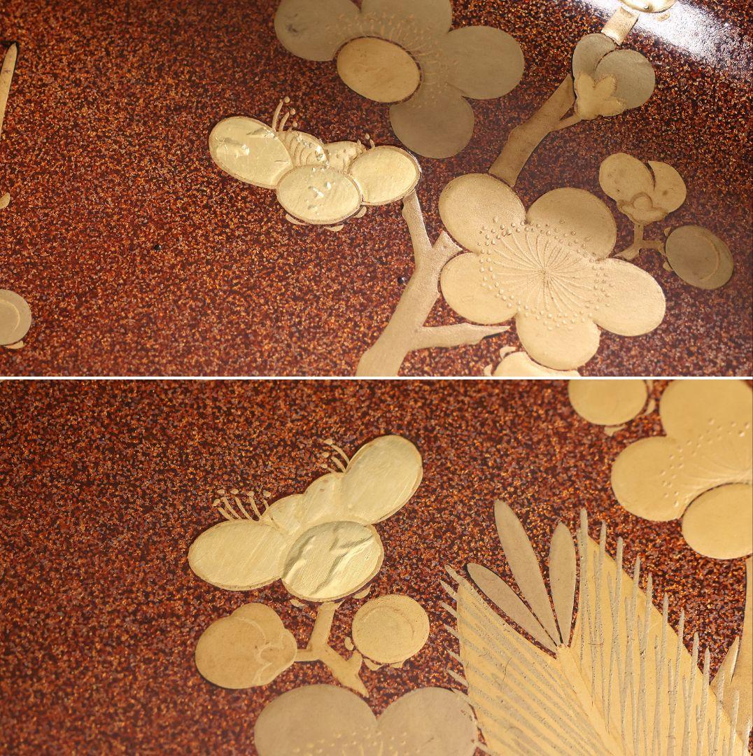 【MA797】時代木製漆器 梨子地 松梅・桔梗唐草 金蒔絵 呉服蓋 広蓋 広盆