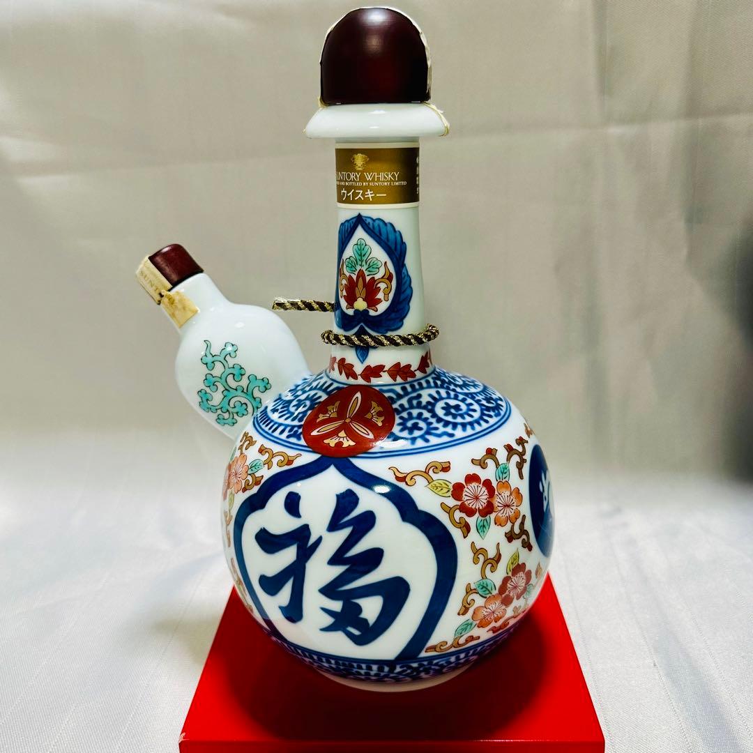 サントリーウイスキー有田焼染錦福寿文乳首徳利瓶藍