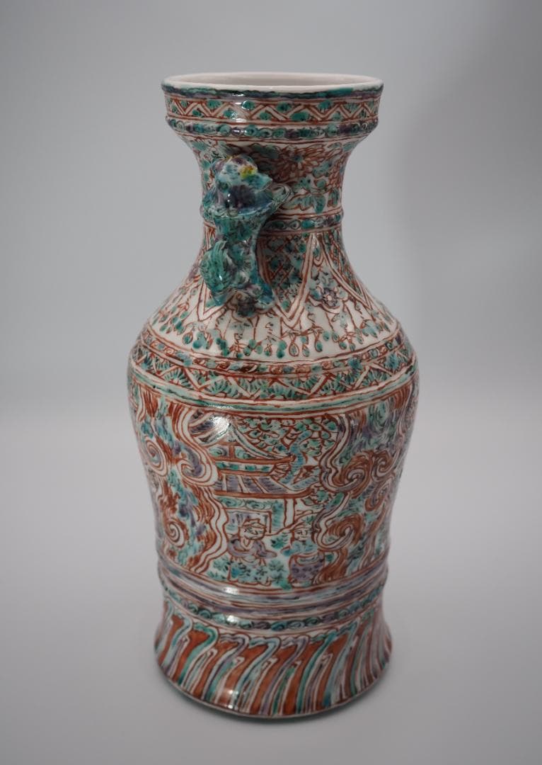 五代清風与平造 赤絵彩色群仙画 花瓶 共箱 共布