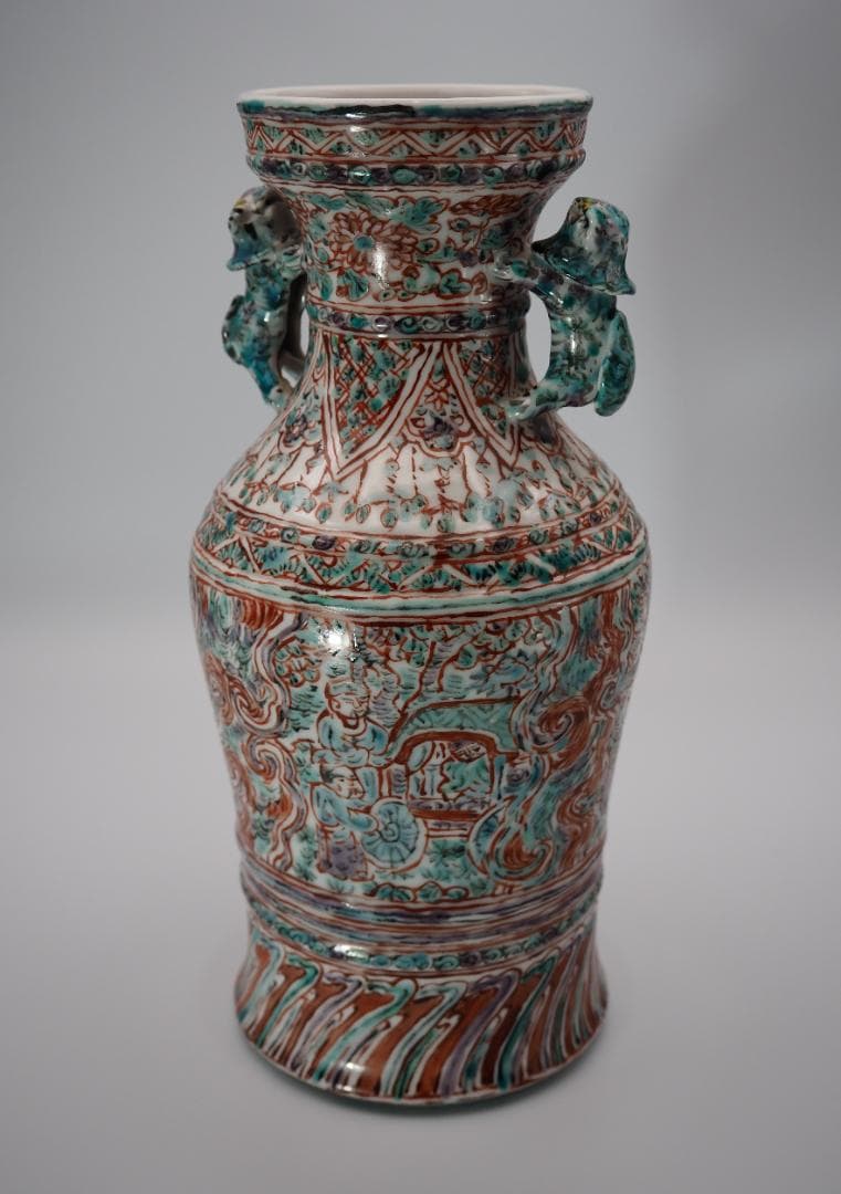 五代清風与平造 赤絵彩色群仙画 花瓶 共箱 共布