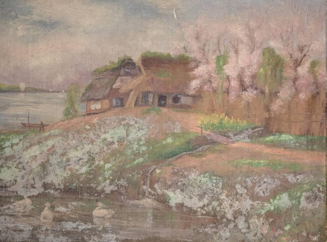 【真作】絵画　油彩12号　風景画　春の里山　桜咲く古民家の風景　U84