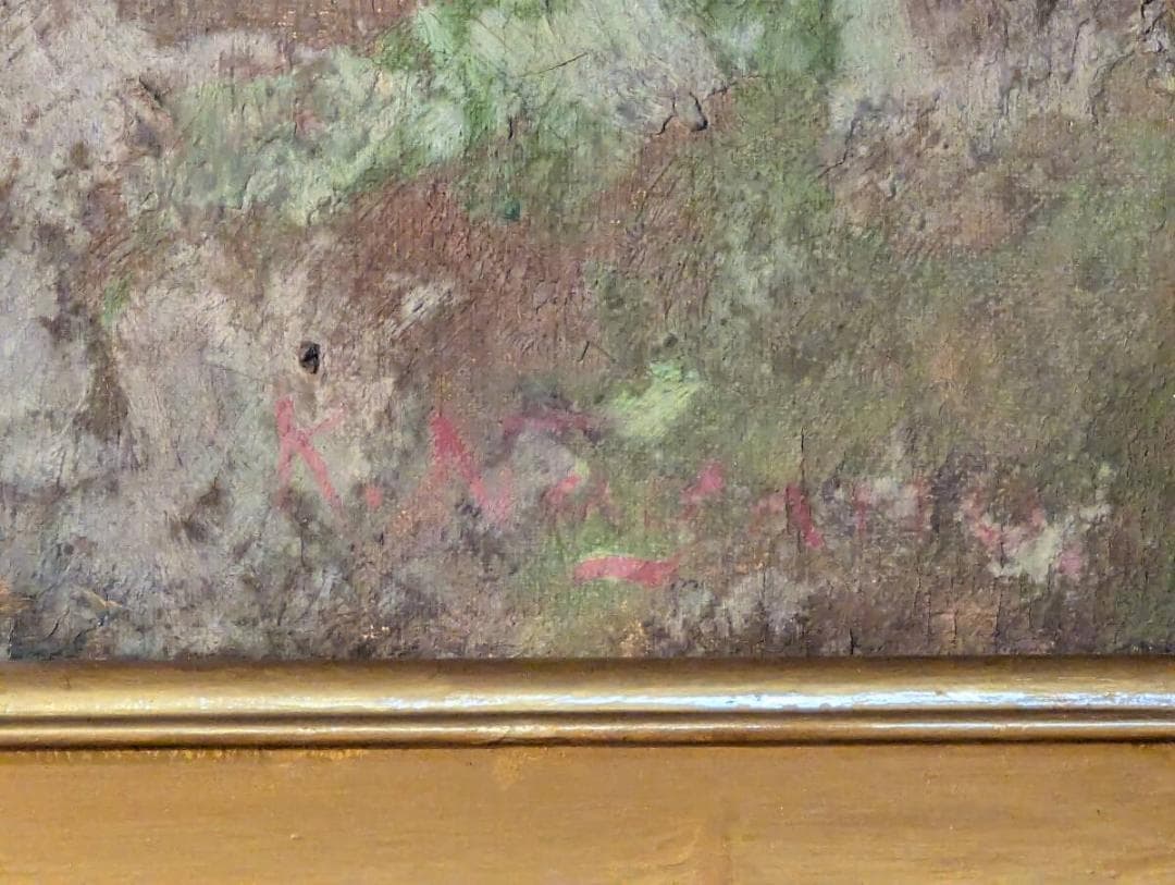 【真作】絵画　油彩12号　風景画　春の里山　桜咲く古民家の風景　U84