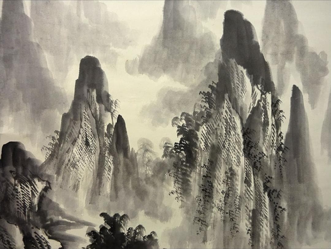 大幅掛軸 羅正義『灕江奇峰天下秀』中国画 紙本肉筆 箱付 掛け軸