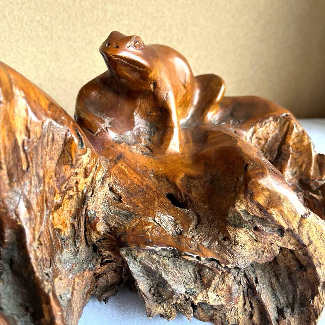 天然木 カエルの彫刻 流木 インテリア装飾 彫刻 美術品 骨董 幅60㎝ カエル