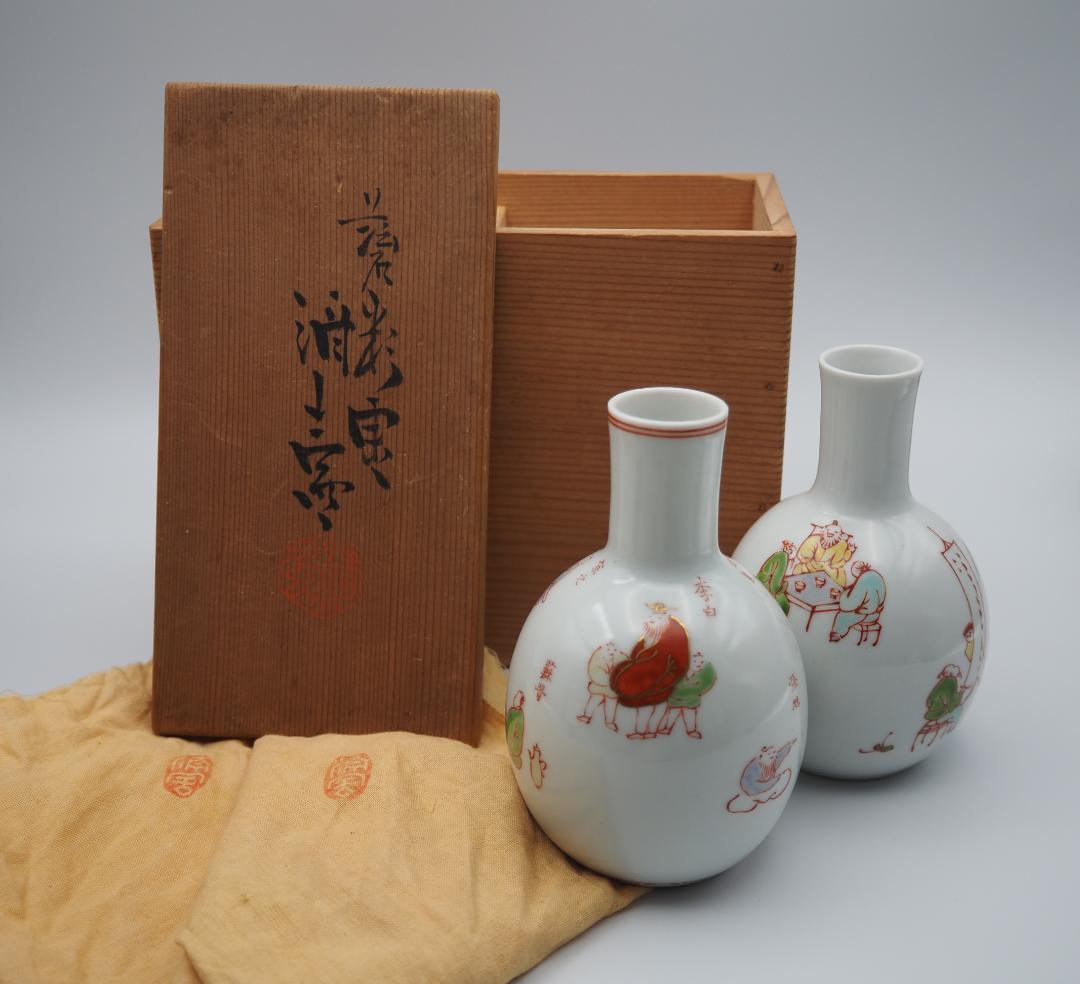 帝室技芸員 三代清風与平作 磁彩画 詩仙図 徳利一対 共箱/