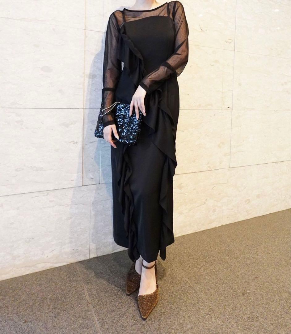 LAGUNAMOON シアートップス付 フリルキャミドレス M ブラック