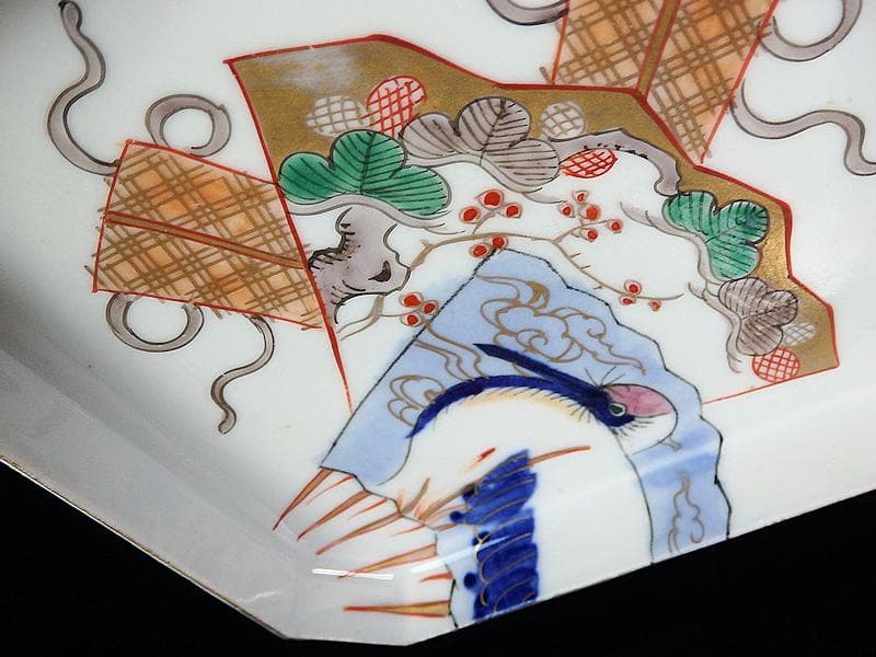 古伊万里 染錦 松に丹頂鶴の図 角皿 4枚 D827AS-BJn