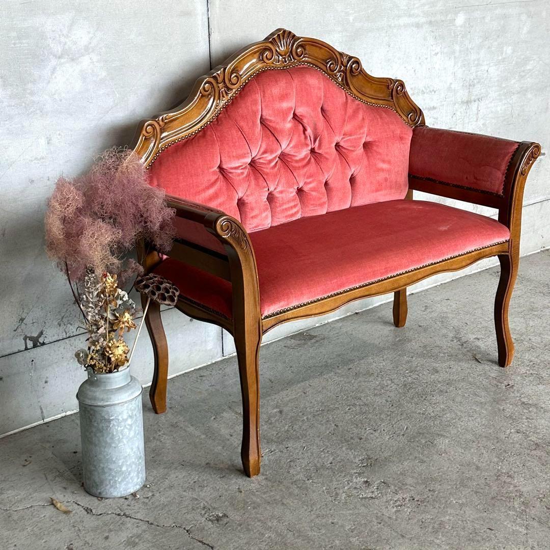 ♕ ロココ調 ✦ 木彫ベルサイユソファー ✦ 気品の2人掛け ♕ベルベット