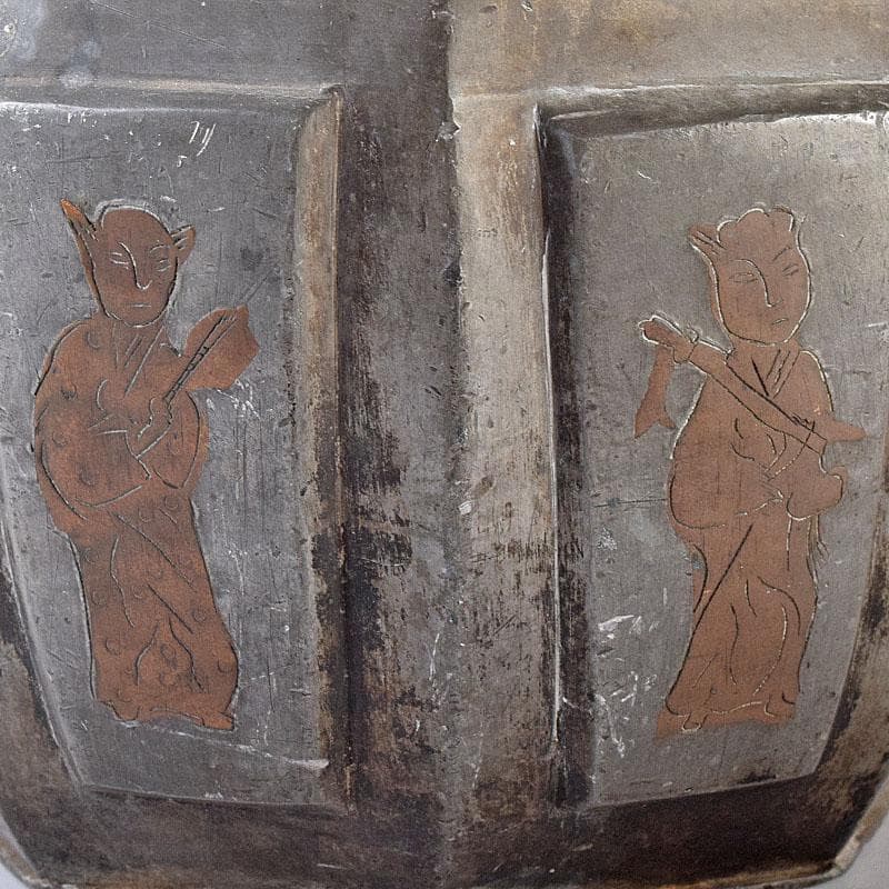 BLACK　中国　古錫　人物文　八角湯沸かし　急須　V　8087