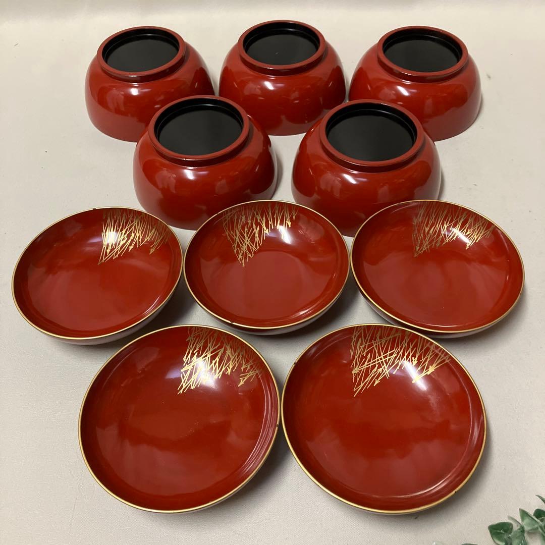 時代漆器 輪島塗 四君子蒔絵 吸物椀 五客 木製 BJ120 江戸時代 輪島塗