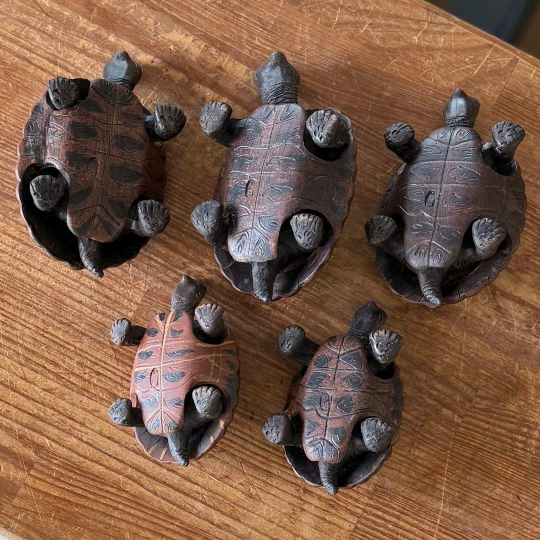 SNT105 備前焼 在銘【郁明】からくり 可動式 亀 5体 縁起物 時代物