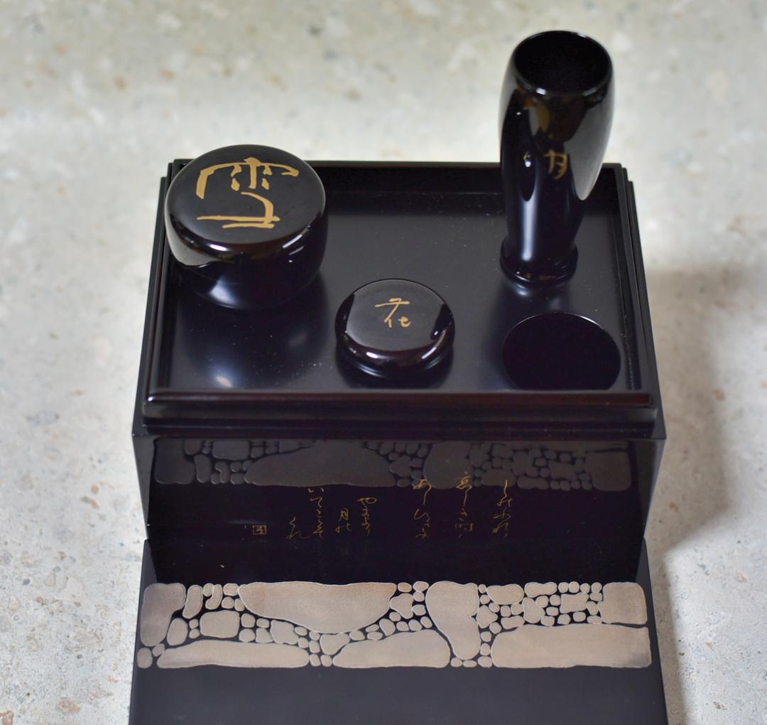 利休茶箱4点組 輪島塗雪月花蒔絵 秋峰作 共箱/お茶道具