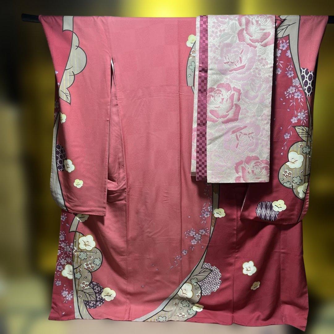 名古屋帯 象と花の柄紫色 正絹 長尺