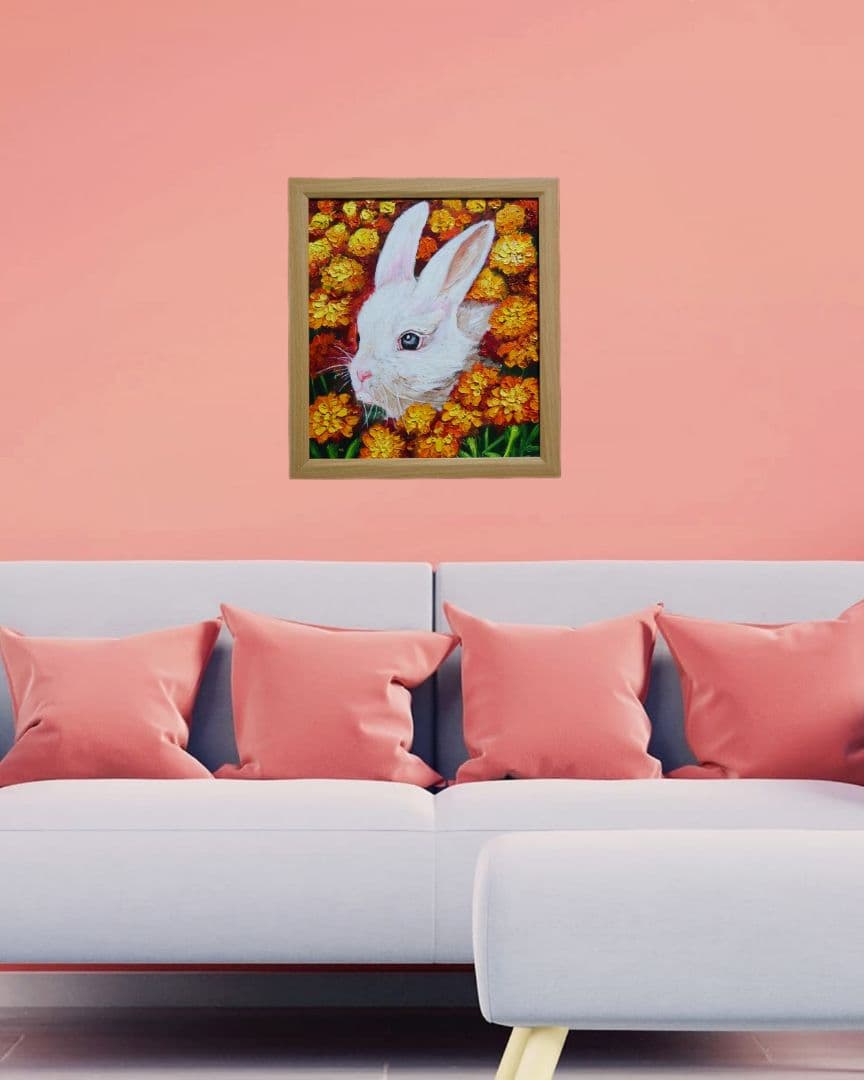 油絵 絵画【マリーゴールドのうさぎ】