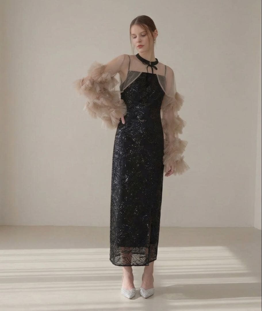 LEJA（レジャ）フリルチュールスリーブリボンIラインワンピースドレス