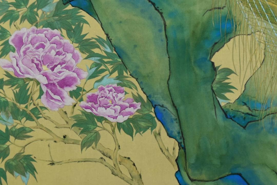 真作】中井玉鳳/孔雀図/牡丹に孔雀/掛軸/名家伝来/AA-884 真