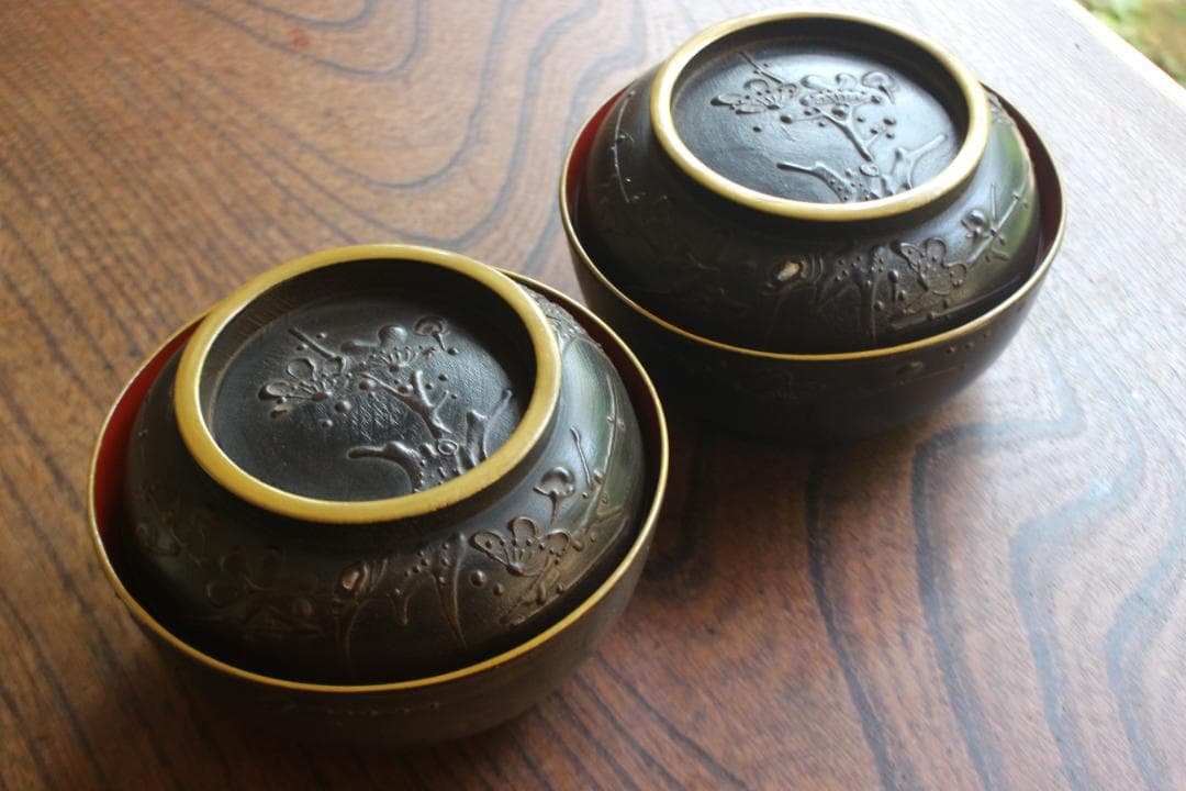 デッドストック！風情ある鉄錆塗に見返し富士蒔絵の映える煮物椀2