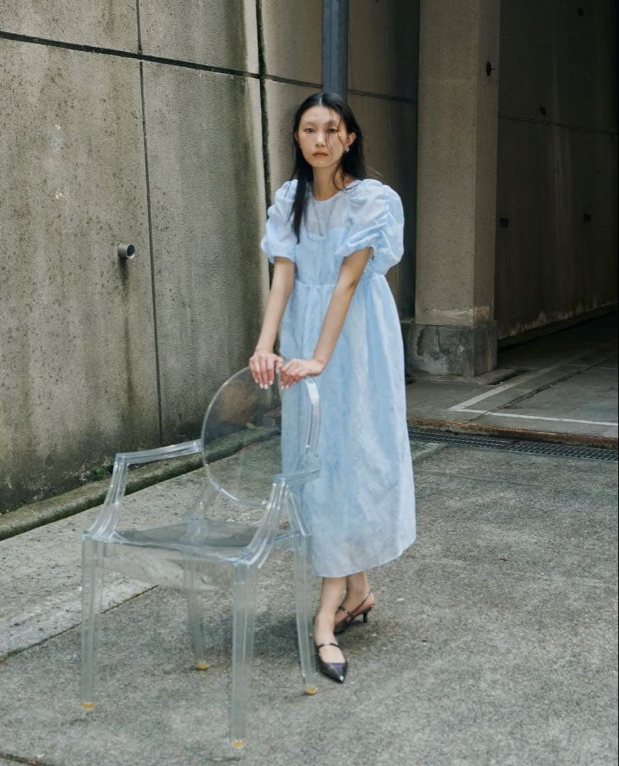 ANDRESD バブルスリーブジャガードドレス ライトブルー M-tall