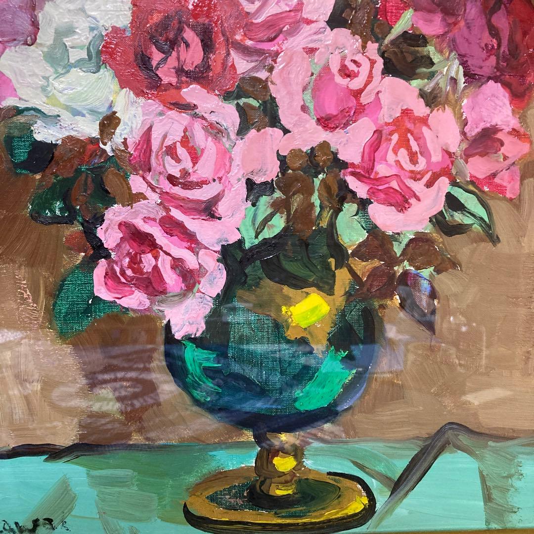 高島屋シール 河井達海 8号花瓶 薔薇 油彩画