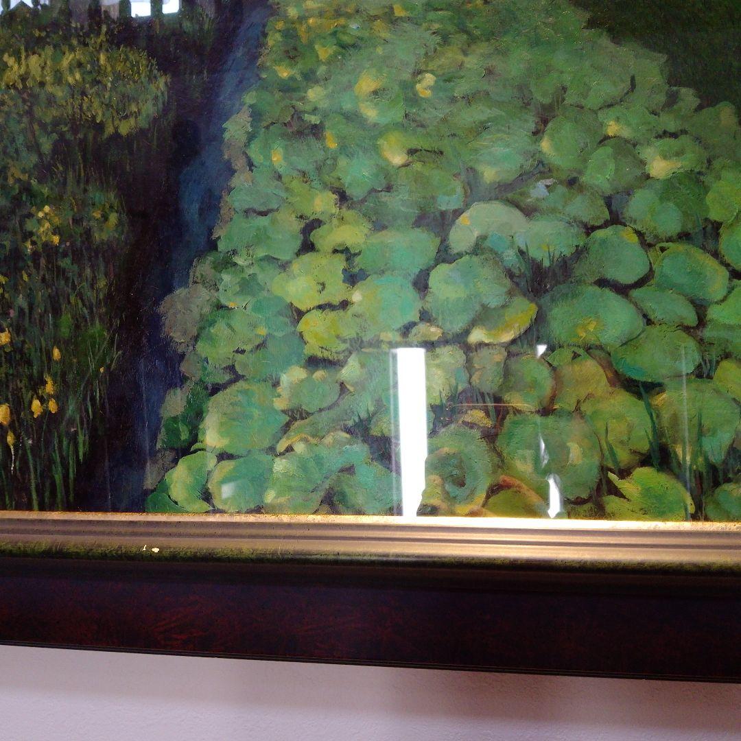 高級特注額縁】蓮根畑 蓮 風景画 肉筆画 油彩画 大判 サイン有り