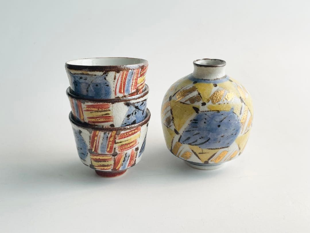 陶芸家 前田正博 色絵 金彩 ふくろう 酒器揃 徳利 ぐい呑 セット 酒器