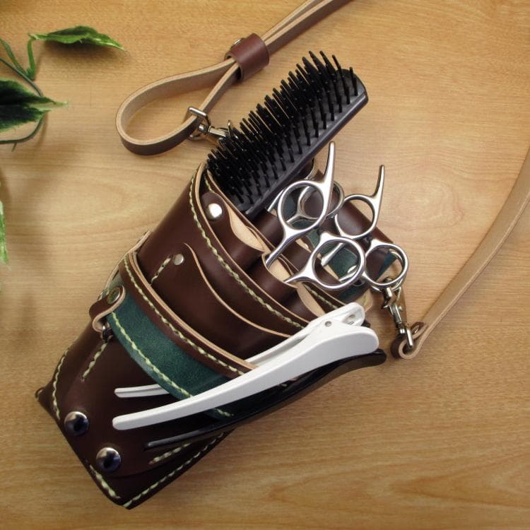 ブラウン＆Dグリーン　革ベルト付　６丁　本革シザーケース　SCL-100/CBB