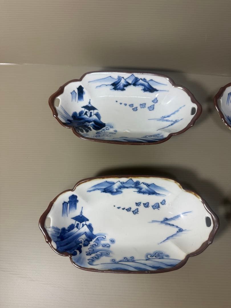 2110 明治大正 伊万里 舟形皿 4客 長山文製 染付山水 時代物