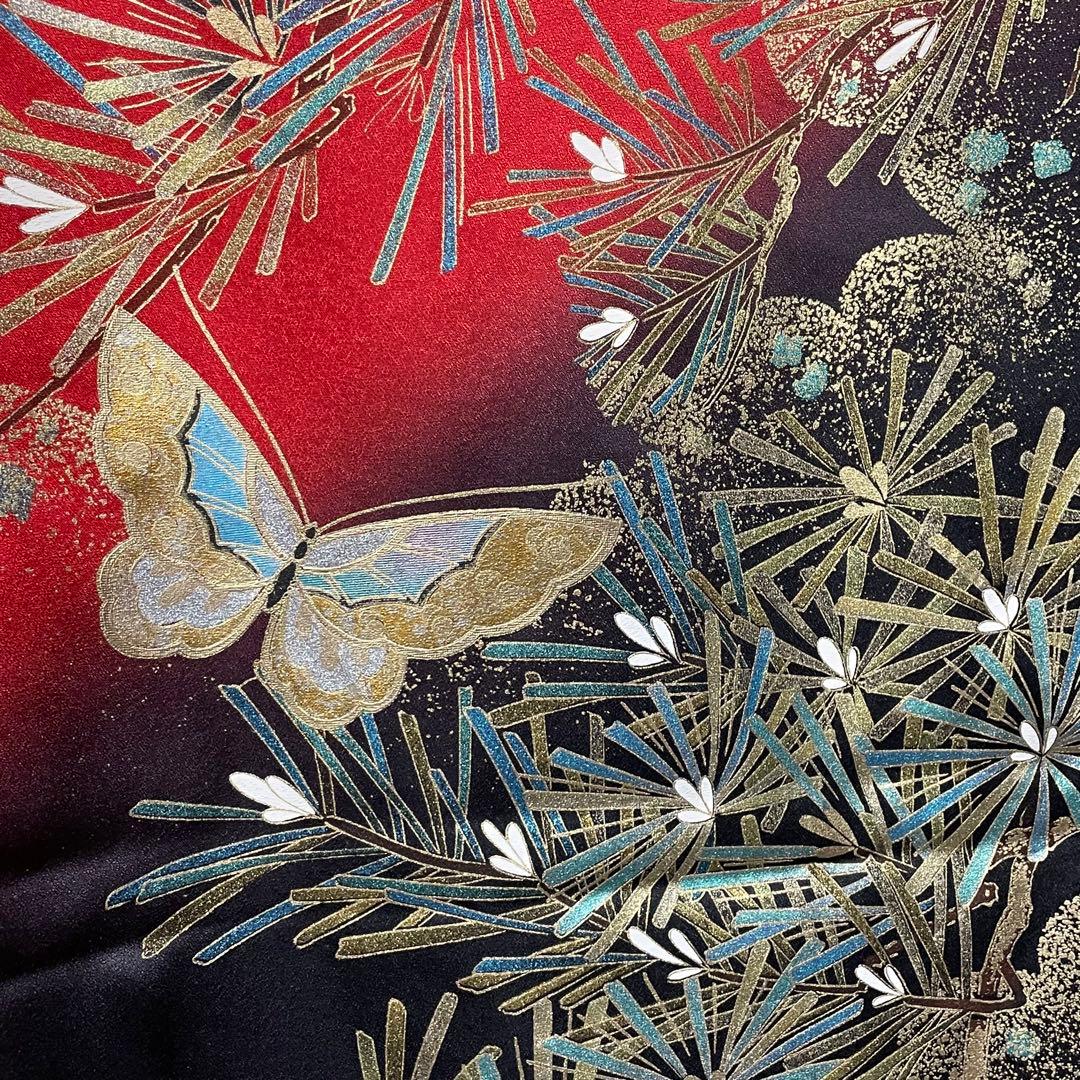 D773 振袖 松 牡丹 蝶々 金彩 正絹 着物 袷 極美品