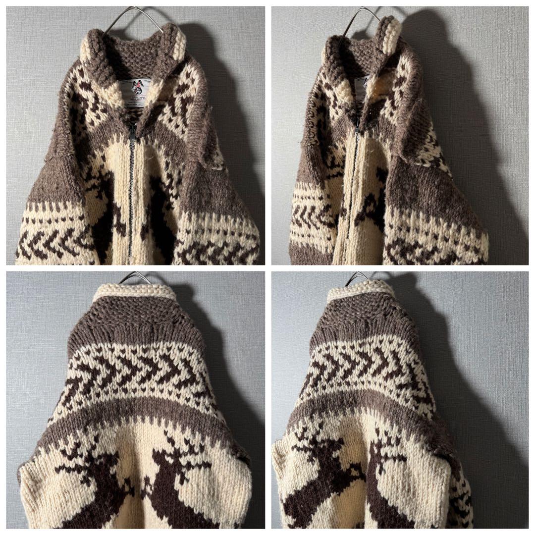 カナダ製★カウチンニット 超肉厚 ノルディック トナカイ ジップアップ XL以上