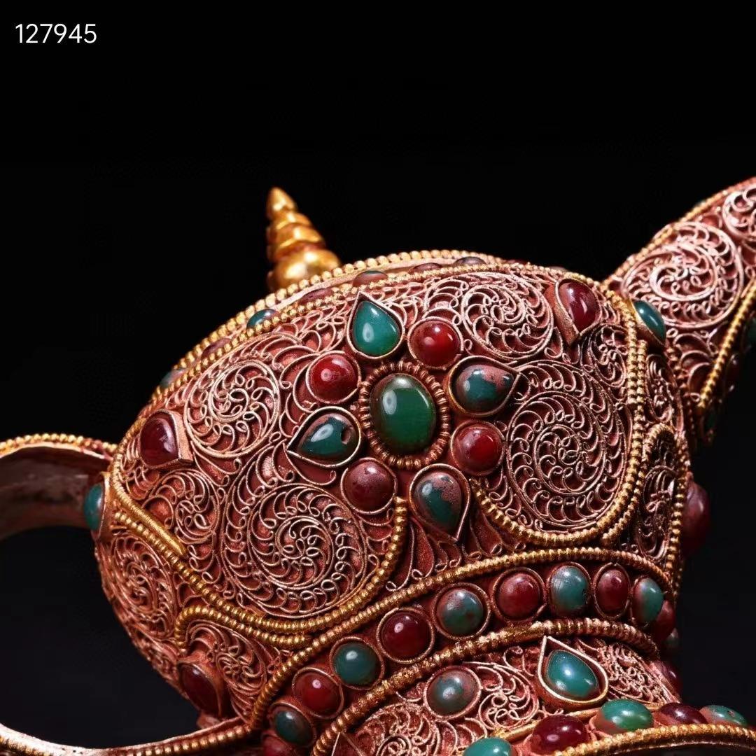 中国古美術・旧蔵收・純手作り・花糸古銅彫塗金宝石嵌