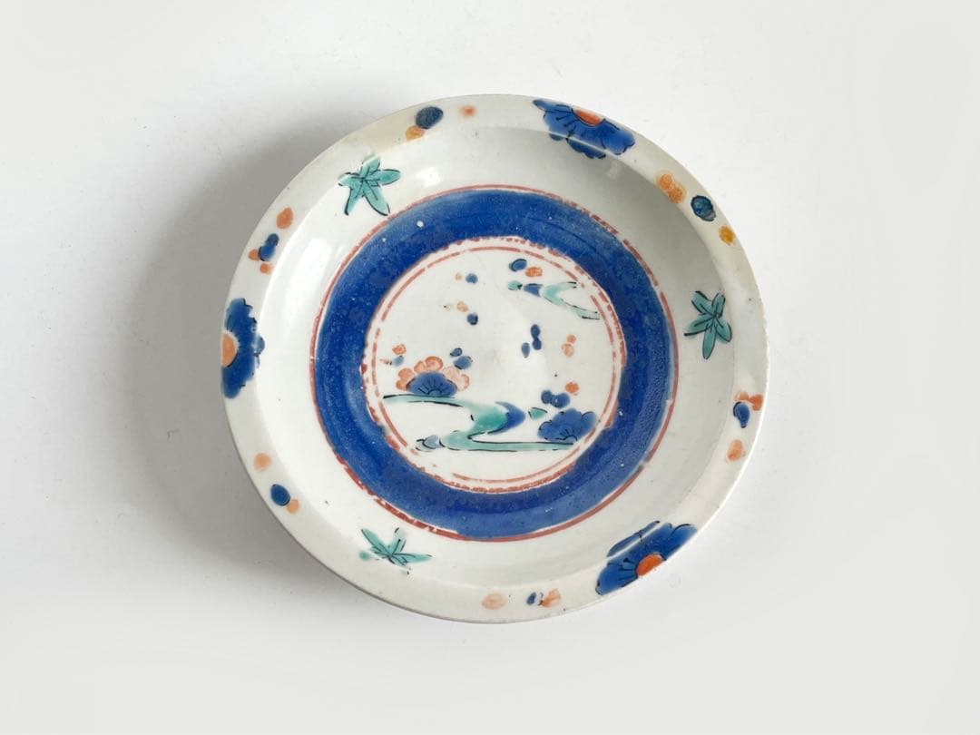 骨董アンティーク藍九谷染付桃図輪花縁小皿誉印初期伊万里古伊万里