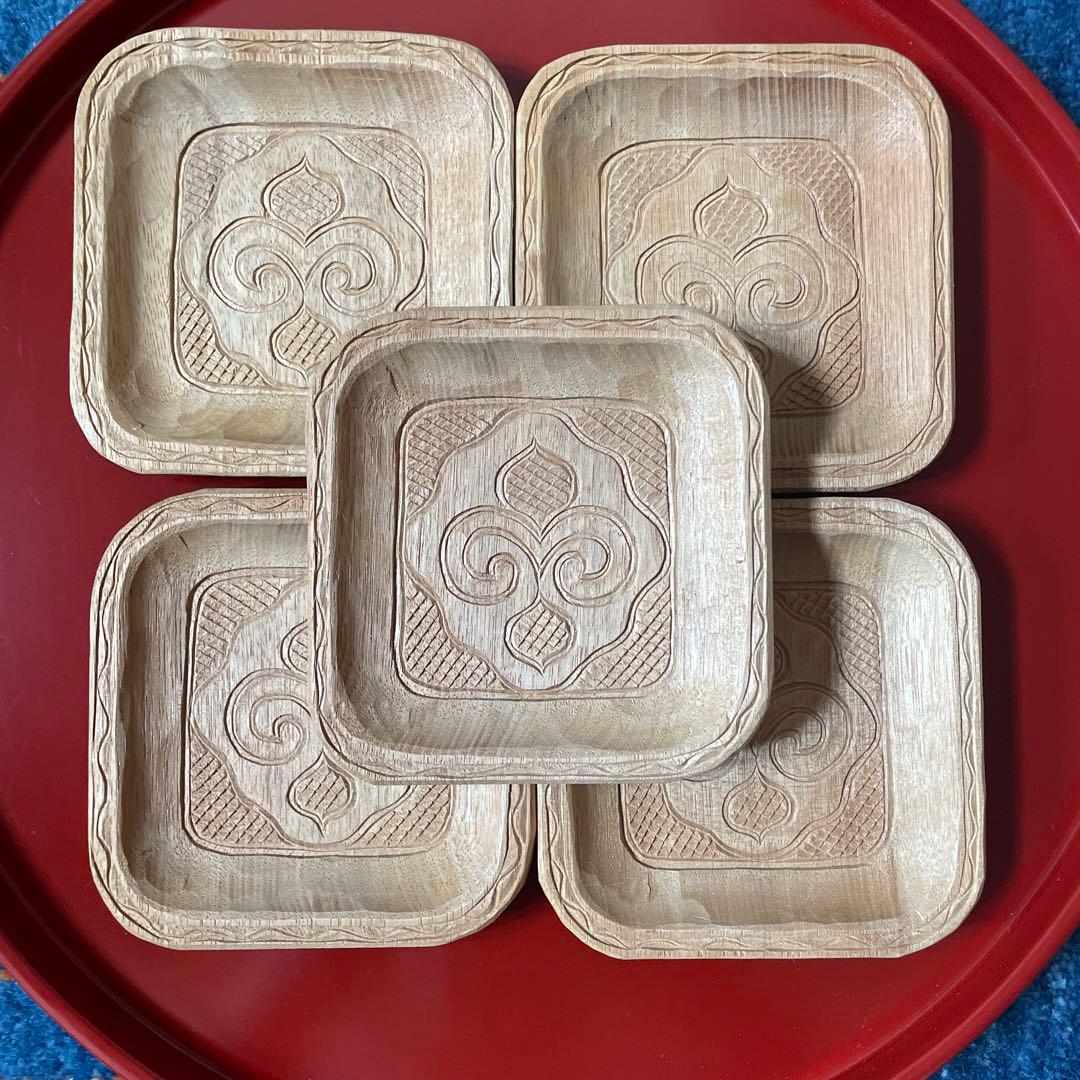 北海道　アイヌ　木製　トレイ　イタ　皿　菓子皿　角皿　ポンニマ　5客 北海道 アイヌ 木製 トレイ イタ 皿 菓子皿 角皿 ポンニマ 5客 北海道