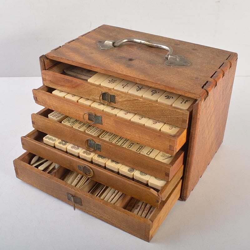 中国　竹嵌　骨牌　背竹牌　麻雀牌　唐木箱付　D　8706